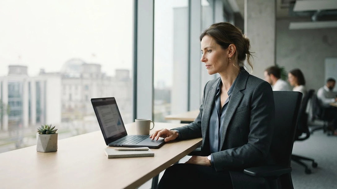 Berufstätige Frau arbeitet konzentriert an einem Laptop in einem hellen, modernen Büro